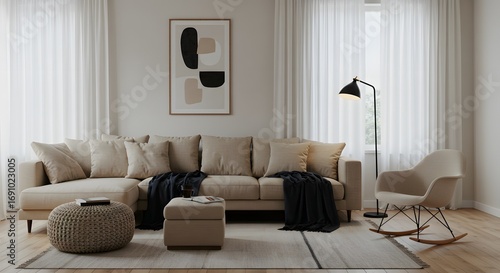 Cozy Modern Living Room with Beige Sofa, Rocking Chair, and Abstract Art