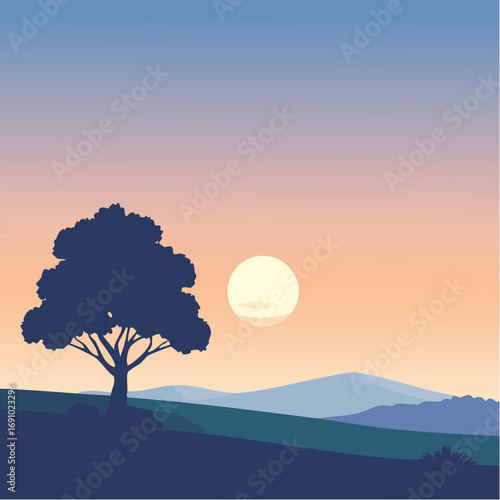 Silhouette tree against gradient sky, abstract vector illustration