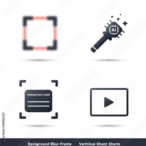 Modern Video Editing & AI Filters Isolated Icon Set: Background Blur, AI Wand, Cinematic Crop, Vertical Shorts UI