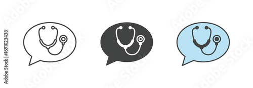 Vector art of three stylized icons of a stethoscope inside speech bubbles, representing medical communication, telehealth, or doctor consultation