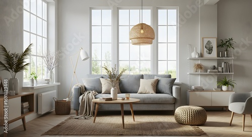 Cozy Scandinavian Living Room with Large Windows and Natural Light