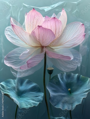 Pink Lotus Blossom with Large Green Leaves and Blurred Turquoise Background