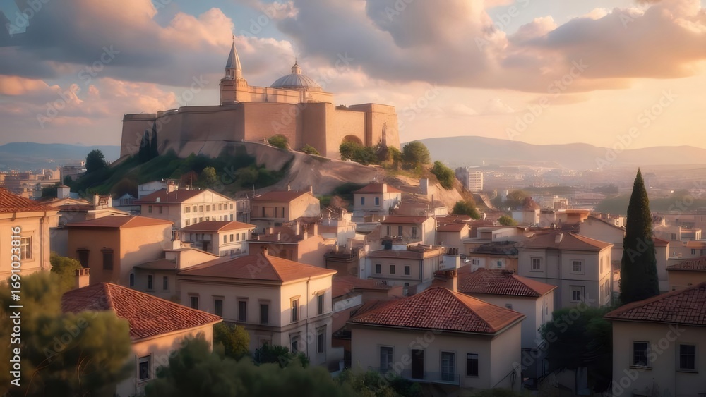 Fototapeta premium ギリシャの街の穏やかな風景 オレンジ色の屋根のある家々 丘の上に古代の要塞と暖かい夕日