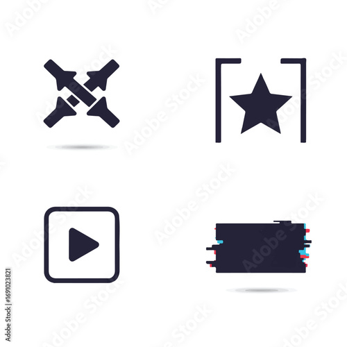 Sleek Minimal Flat Vector Icons for Video Editing Transitions: Crossfade, Star Transition, Dissolve Play, and Glitch Effects
