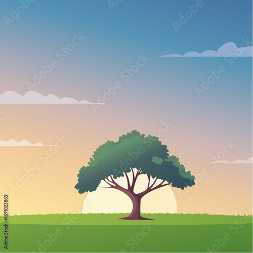 Silhouette tree against gradient sky, abstract vector illustration