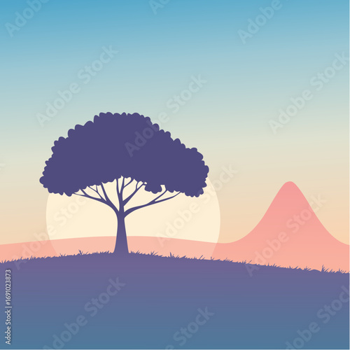 Silhouette tree against gradient sky, abstract vector illustration