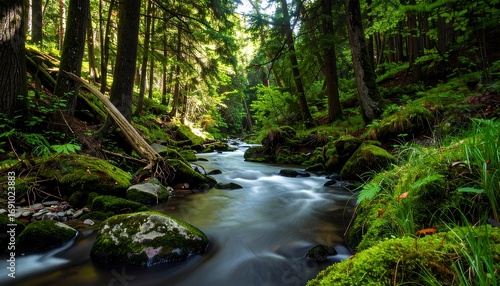 Lush forest stream. Sunlight filters through the trees