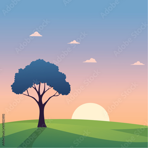 Silhouette tree against gradient sky, abstract vector illustration