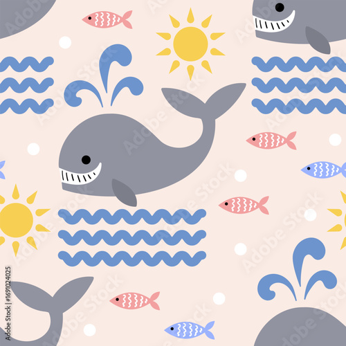 Seamless pattern - cartoon blue whales and fish with waves on pink background. For children's fabric design, wallpaper, backgrounds, prints, posters, scrapbooking, etc. Vector
