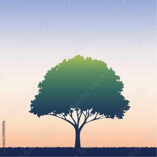 Silhouette tree against gradient sky, abstract vector illustration