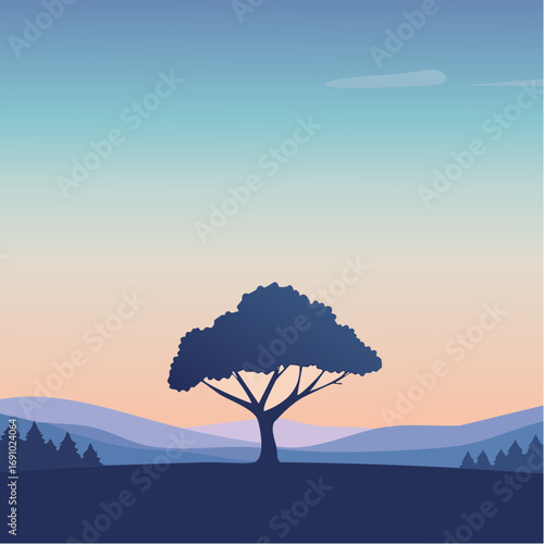 Silhouette tree against gradient sky, abstract vector illustration
