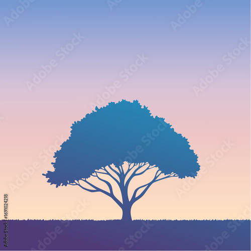 Silhouette tree against gradient sky, abstract vector illustration