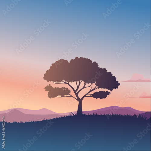 Silhouette tree against gradient sky, abstract vector illustration