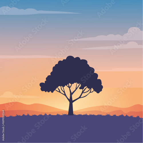 Silhouette tree against gradient sky, abstract vector illustration
