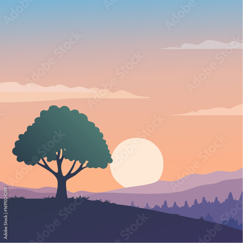 Silhouette tree against gradient sky, abstract vector illustration