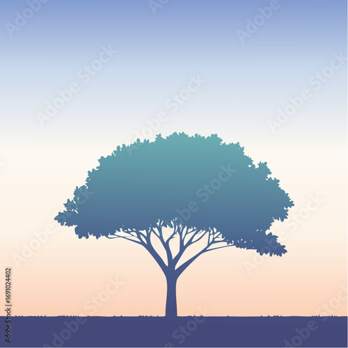 Silhouette tree against gradient sky, abstract vector illustration
