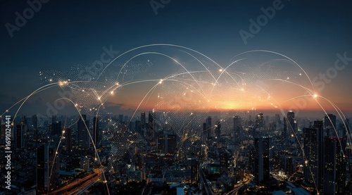 Cityscape at dawn with interconnected network