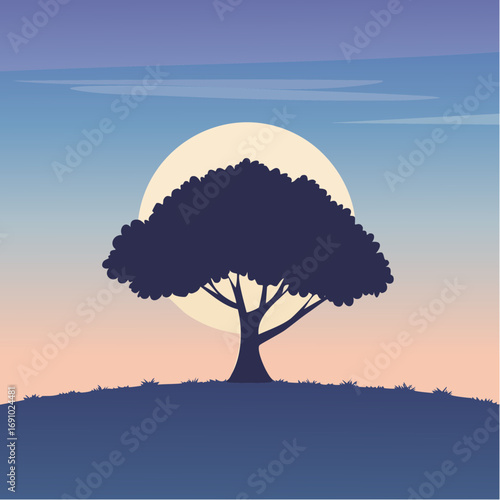 Silhouette tree against gradient sky, abstract vector illustration
