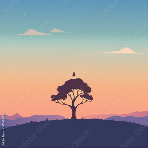 Silhouette tree against gradient sky, abstract vector illustration