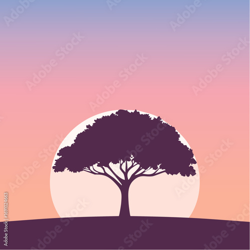 Silhouette tree against gradient sky, abstract vector illustration