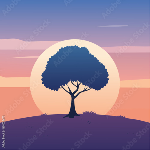 Silhouette tree against gradient sky, abstract vector illustration