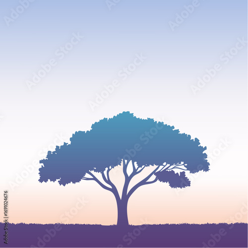Silhouette tree against gradient sky, abstract vector illustration