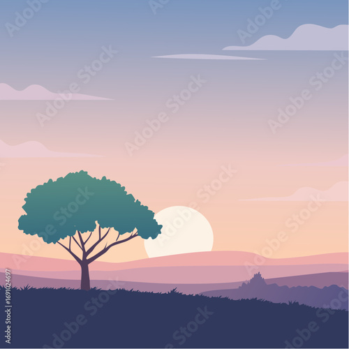 Silhouette tree against gradient sky, abstract vector illustration