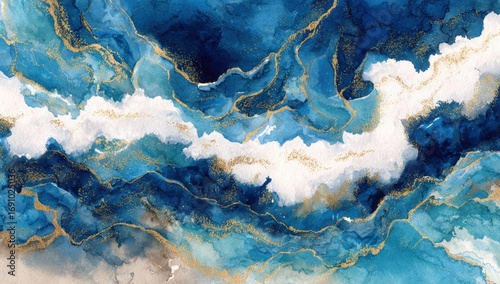 Abstract marbled design with deep blues, whites, and golds