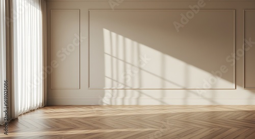 Minimalist Interior Design: Beige Room with Chevron Wood Floor and Sheer Curtains