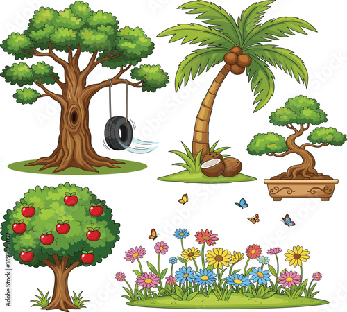 Cartoon tree collection with tire swing, coconut palm, bonsai, apple tree, flower bed, butterflies, nature elements for kids
