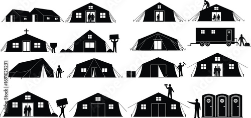 Silhouettes of emergency shelter tents, portable housing units, aid workers, and equipment used in disaster relief and humanitarian camps.