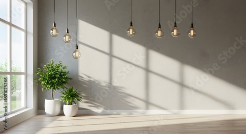 Minimalist Interior Design with Edison Bulbs, Potted Plants, and Natural Light