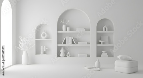 Minimalist Interior Design with White Shelving, Vases, Books, and Ottoman