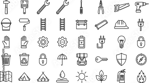 Construction safety icon set, black and white line style, tools, outdoor gear, environment symbols, utility items, vector illustration pack