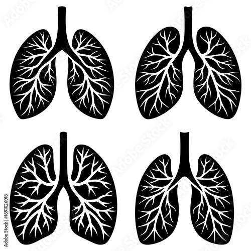 Four stylized black and white lung illustrations with branching structures in a symmetrical arrangement