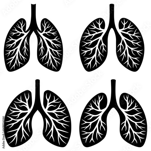 Four stylized black lung illustrations displaying respiratory system anatomy and bronchial tree structure clearly shown