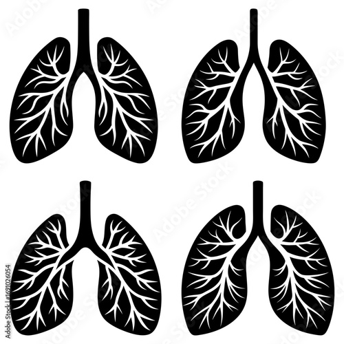 Four black lung illustrations showing the respiratory system with branching airways on a white background
