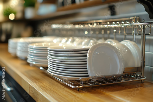 Bunch of plates on wood counter