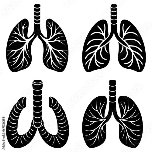 Four stylized black and white lung illustrations with varying designs and anatomical representations