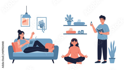 Modern living room scene with diverse individuals engaged in relaxing and healthy activities like yoga reading and self care