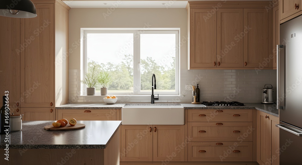 Fototapeta premium Modern Farmhouse Kitchen with Natural Wood Cabinets and Large Window