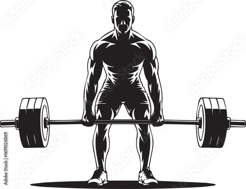 Muscular fitness athlete performing a deadlift with heavy barbell silhouette focused on strength training