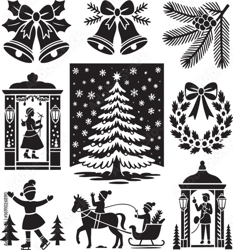 This image features a set of charming black and white Christmas silhouettes, perfect for crafting projects, scrapbooking, or digital design.