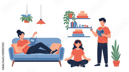 Diverse group of people enjoying relaxing activities at home including reading knitting and meditating in a cozy living room setting
