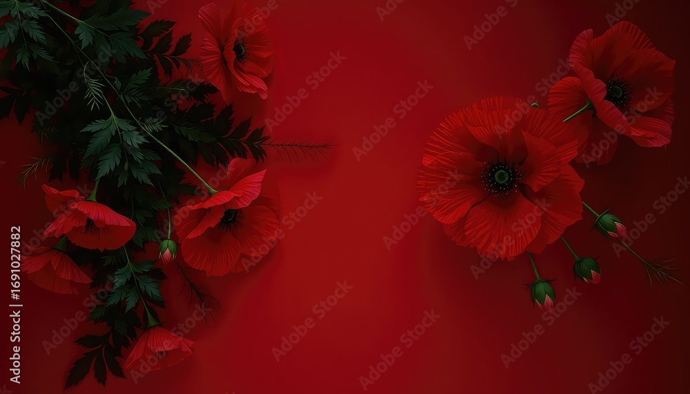 Obraz premium Floral arrangement of vibrant red blossoms and verdant foliage against a matching crimson background, creating a striking contrast and elegant composition
