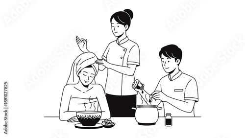 A gentle mother carefully styles her daughter s hair while her son attentively prepares a beverage at a table illustrating a warm family moment