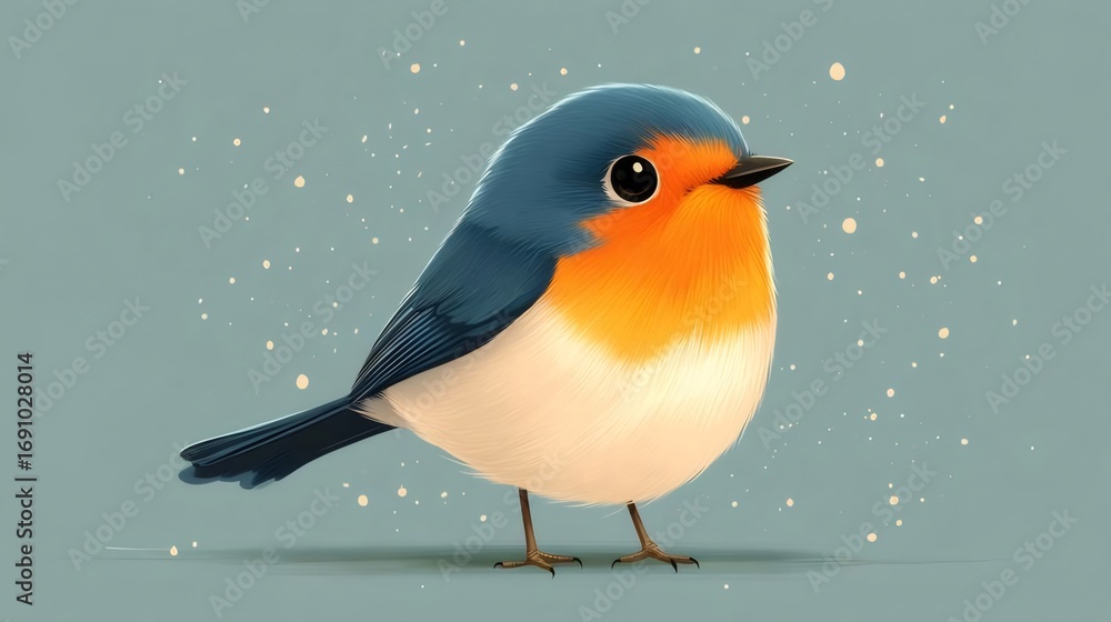 Fototapeta premium Blue and Orange Pixel Art Bird with Soft Lighting on Light Blue Background Cute Animal