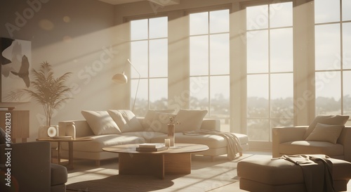 Modern living room bathed in warm sunlight, featuring a comfortable sofa, accent chairs, and large windows with city view.
