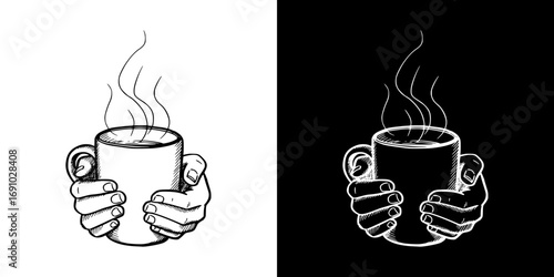 Hands holding steaming cup of coffee in monochrome style, isolated vector image, two design options on transparent and black backgrounds, pencil drawing, chalk drawing  