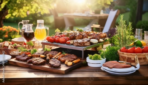 outdoor buffet table with grilled meats and vegetables
